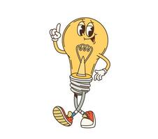 Retro groovy light bulb character with raised hand vector