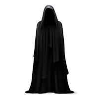 Realistic death hood, scary black robe grim reaper vector