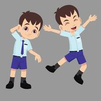 Cute young student boy in school uniform has difference reaction of excited jumping joyful and standing unhappy apologize vector