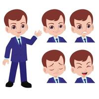 young cute little boy in school uniform suit standing pose waved hand with set of face expression vector