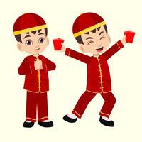 cute young boy in Chinese traditional clothes celebrating Chinese Lunar New Year holding re packets, ang bao vector