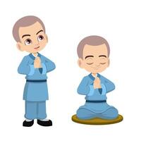 Cute little young Buddhist monk praying meditating vector