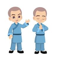 Cute little young Buddhist monk greeting and praying vector