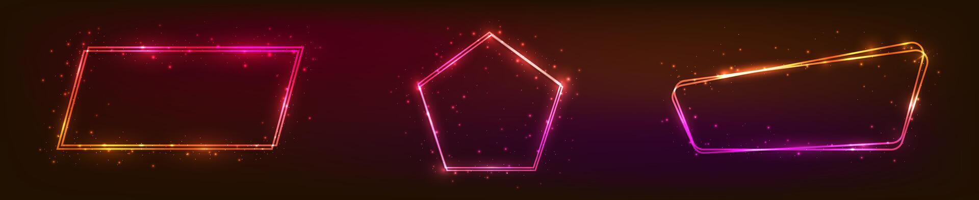 Set of three neon double frames with shining effects