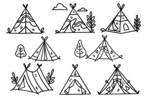 A set of drawings of tents with a tree in the middle vector