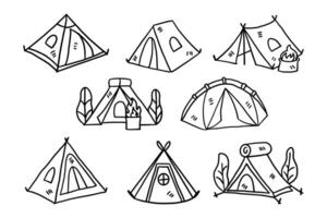 A set of drawings of tents with a tree in the middle vector