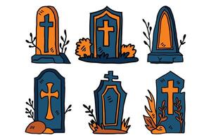 A set of six gravestones with crosses on them vector