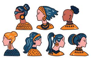 A set of drawings of women with different hairstyles and accessories vector