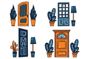 A series of doors with potted plants in front of them vector