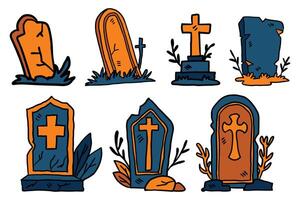 A set of six gravestones with crosses on them vector