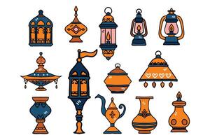 A set of black and white drawings of various lamps and vases vector