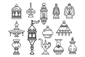 A set of black and white drawings of various lamps and vases vector