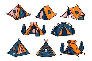A set of drawings of tents with a tree in the middle vector