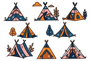 A set of drawings of tents with a tree in the middle vector