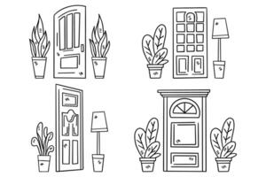 A series of doors with potted plants in front of them vector