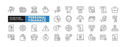 Set of 36 Personal Finance line icons set. Personal Finance outline icons with editable stroke collection. Includes Investment, Savings, Budgeting, Tax, Debt, and More. vector