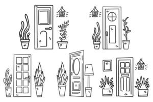 A series of doors with potted plants in front of them vector