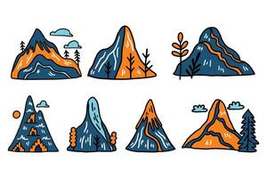 A set of six mountains with trees and flowers in the foreground vector