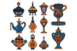A set of black and white drawings of various lamps and vases vector
