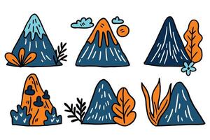 A set of six mountains with trees and flowers in the foreground vector