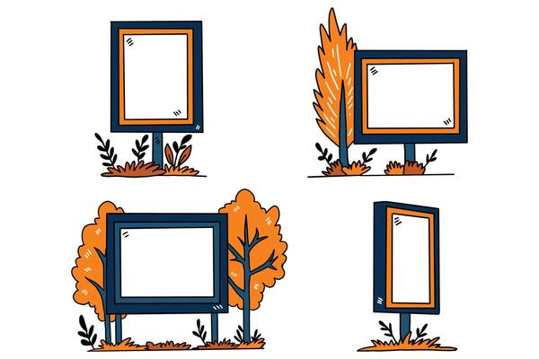 Four signs with trees and grass in the background