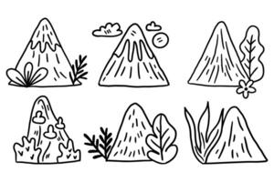 A set of six mountains with trees and flowers in the foreground vector