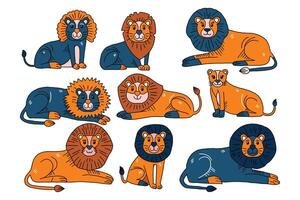 A set of lions are shown in various poses, with some sitting and others standing vector