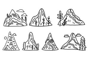 A set of six mountains with trees and flowers in the foreground vector