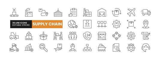 Set of 36 Supply Chain line icons set. Supply Chain outline icons with editable stroke collection. Includes Logistics, Management, Retailer, Cargo Ship, Labour, and More. vector