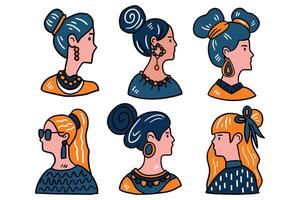 A set of drawings of women with different hairstyles and accessories vector