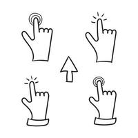 Hand drawn icons featuring hands pointing and pressing buttons, perfect for user interface designs, web elements, instructional materials, and business presentations vector