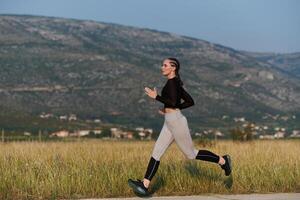 Solo Stride. Determined Athlete Woman Embarks on Fitness Journey for Marathon Preparation. photo