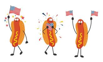 Happy hot dogs mascot celebrating 4th of July. Handdrawn characters hugging heart, waving an american flag. vector