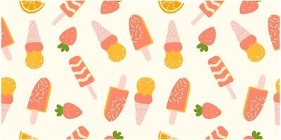 Cute handdrawn summer pattern with ice cream, strawberry and orange. vector