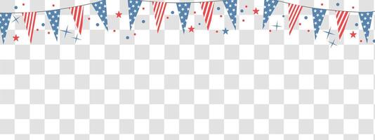 4th July background. Celebration long horizontal border with flags and stars. Handdrawn elements for independence day. vector