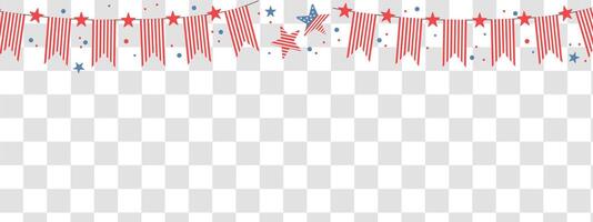 4th July background. Celebration long horizontal border with flags and stars. Handdrawn elements for independence day. vector
