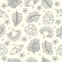 Doodle seamless pattern with palm leaves and plumeria flower. Line art design. vector
