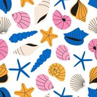 Seashells seamless pattern in vibrant colors. Summer pattern of sea scallop for wrapping paper, wallpaper, notebook cover. vector