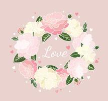 Card with word Love and rose circle frame with small hearts around. Floral illustration for Valentine's Day vector