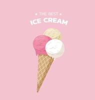 Ice Cream cone illustration with text on pink background. Sweet summer cold dessert poster design vector