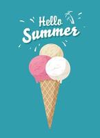 Ice Cream cone illustration for poster or card. Hello Summer flat drawing with triple ice cream scoop vector