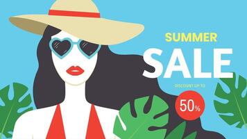 Summer Sale banner design with long-haired young woman wearing hat and sunglasses illustration. Discount up to 50 vector