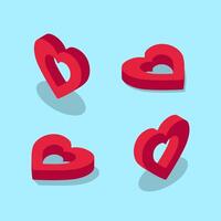 Set of red empty inside isometric hearts on blue background vector