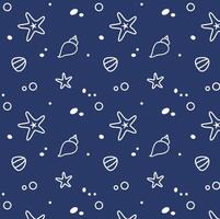 Starfish Seashells and Stones seamless pattern. Fabric, textile or wrapping paper design with marine theme. White line art on blue background vector