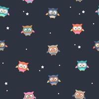 Cute little owls seamless pattern. Night birds with stars on dark background vector