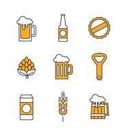 Line flat Beer icons with yellow color. Contains such Icons as wooden mug, bottle, hop, opener and more vector