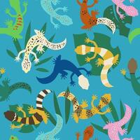 Lizards and tropical leaves seamless pattern. Colorful reptiles exotic illustration on blue background vector