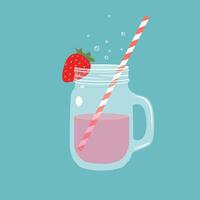 Lemonade jar with red strawberry illustration. Drawing of fresh summer drink with a straw vector