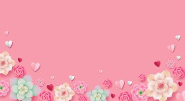 Valentine's day floral pink background with paper hearts. Flowers for banner or greeting card design vector