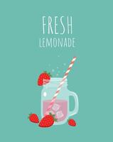 Fresh cold Strawberry Lemonade with red strawberries around jar and ice cubes vector